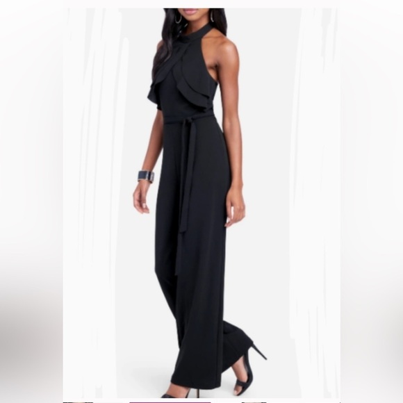 NWT Bebe Black Halter Jumpsuit with Ruffled Bodice - Size 2 - Picture 1 of 13
